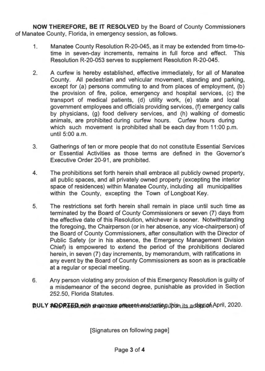 ManateeGov's tweet photo. Today’s amended emergency resolution creates a temporary curfew 11 p.m. - 5 a.m. for nonessential trips. #StopTheSpread https://t.co/Tj7d1jNuwK