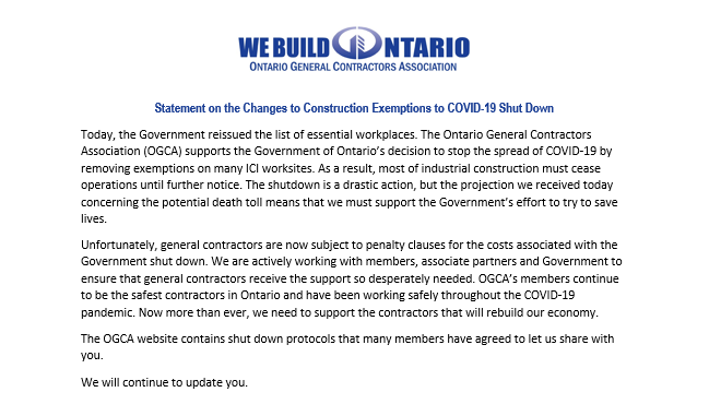 OGCAinfo's tweet photo. Please see the statement below regarding the Government of Ontario's reissuing of the list of essential workplaces. We will continue to update you.

You can find the updated exemption list here: https://t.co/FdqIZm3X4O

#COVIDー19 #WeAreInThisTogether https://t.co/rOuKSPC3aD