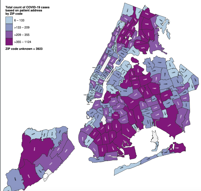 While we're waiting for a breakdown by race in NYC, this map tells a stark story. Coronavirus is hitting low-income communities of color extraordinarily hard:
