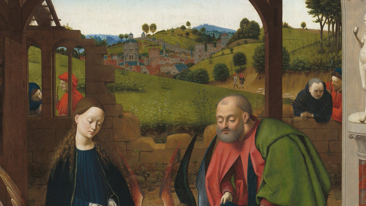 Christus’s depiction of the scene is like an act from a mystery or Passion play, the figures clothed in simple Flemish costume and a landscape backdrop of appears to be a Netherlandish town, but would be understood as Jerusalem—the scene of the events of Christ's Passion.