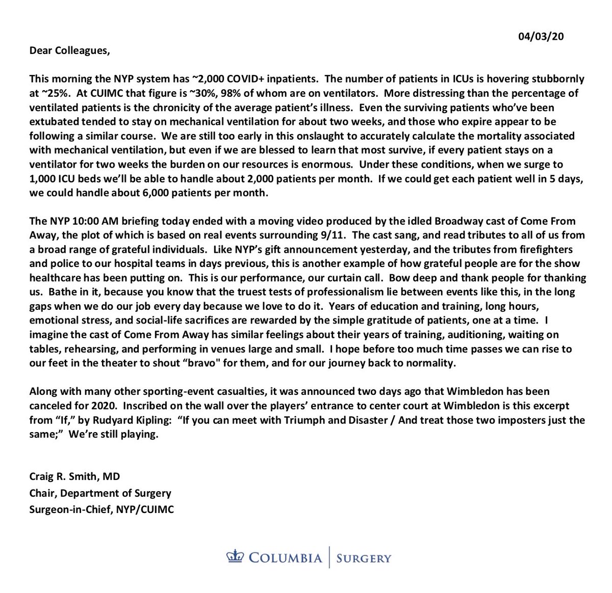 COVID-19 Update: Friday, 4/3/20The latest on the  #COVID19 crisis from Dr. Craig Smith:  https://columbiasurgery.org/news/covid-19-update-dr-smith-4320