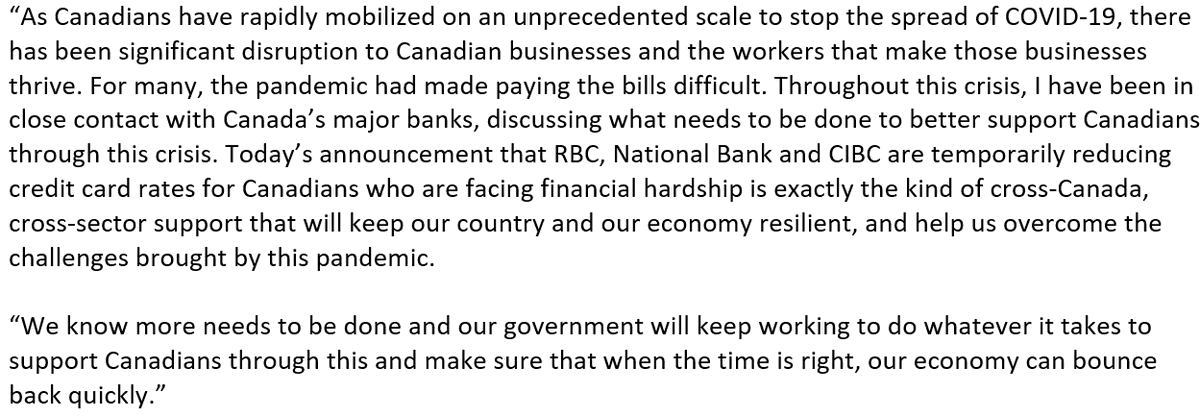 I’ve been working with Canada’s banks to ensure they support customers impacted by COVID-19 I’m pleased to share that @CIBC, <a href="/RBC/">RBC</a> &amp; <a href="/nationalbank/">National Bank</a> are taking action to lower credit card rates, and I hope more banks will soon follow.