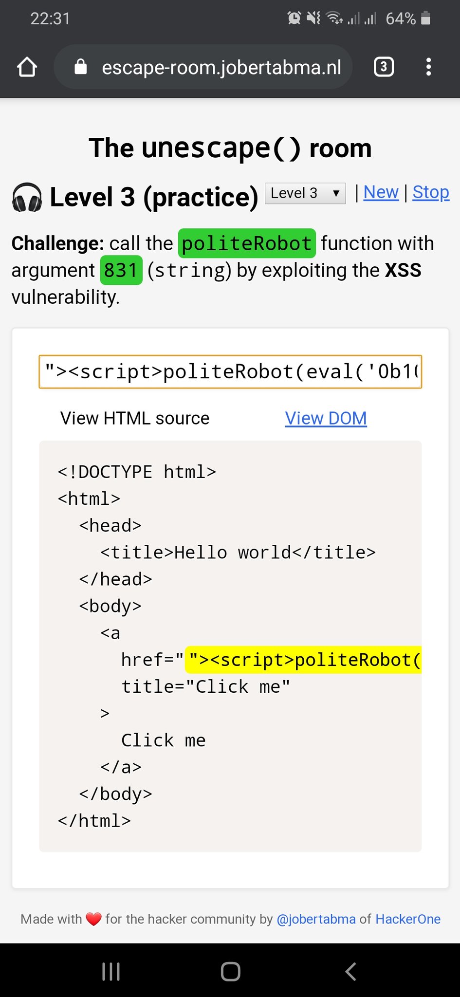 th3m7J0 on Twitter "The unescape() room, level 3 Payload