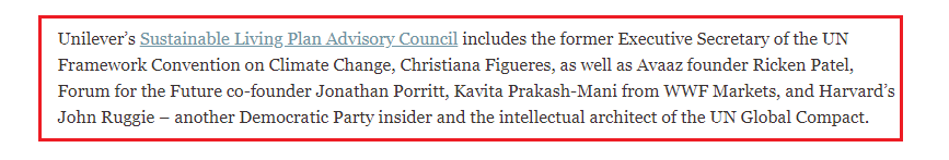 The " #Unilever Sustainable Living Plan" advisory council includes Christiana Figueres,  #Avaaz's Ricken Patel, Jonathan Porritt, &  #WWF's Kavita Prakash-Mani. This is the evolving  #together strategy being brought to the open, where egregious corporations are reframed as allies.