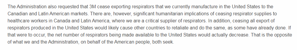 Here's what 3M said about the impact of stopping its shipments to Canada and Latin America.Trump now indicates he's going to force it to stop, using DPA. https://www.businesswire.com/news/home/20200403005218/en/3M-Response-Defense-Production-Act-Order#.Xoc0wi4M7hU.twitter