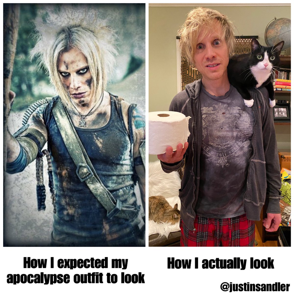 justinsandler's tweet photo. How I expected my #apocolypse outfit to look vs. how I actually look.
Stay safe out there kids.
photos by: Cindrome &amp; @marylousandler
#SaferQuarantine #SaferAtHome #QuarantineLife #apocalypse2020 https://t.co/2bUTLs3T0m