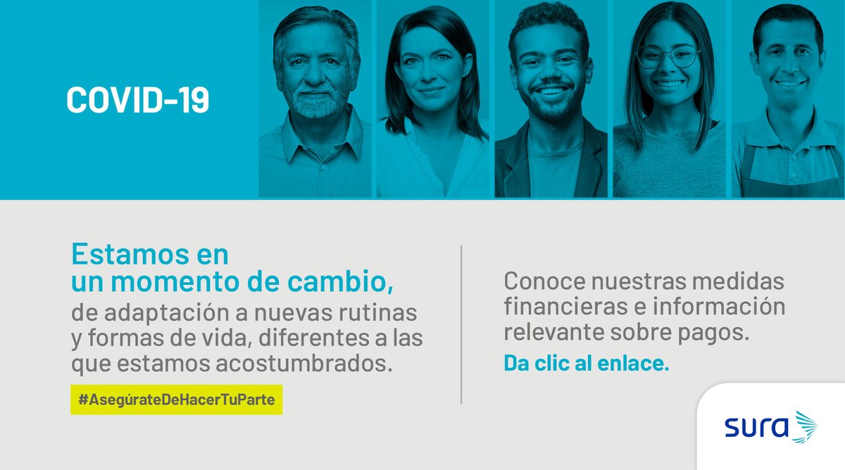 SegurosSURAcol's tweet photo. Estamos comprometidos en apoyar a nuestros clientes a través de soluciones que les permitan seguir contando con la protección de SURA y a su vez tejiendo relaciones de largo plazo. Conoce más aquí: https://t.co/iHsqpsQL6t https://t.co/Ix5jSHW9Gl