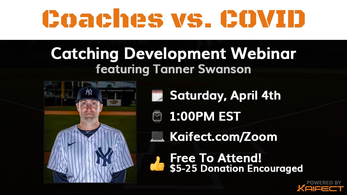 COACHES AND CATCHERS: Join us tomorrow on the Coaches vs. COVID Catching Development Webinar hosted by  @KaifectAgency. Link will be posted tomorrow at 12:30 pm EST. Donations encouraged:  http://bit.ly/CoachesVsCOVID 