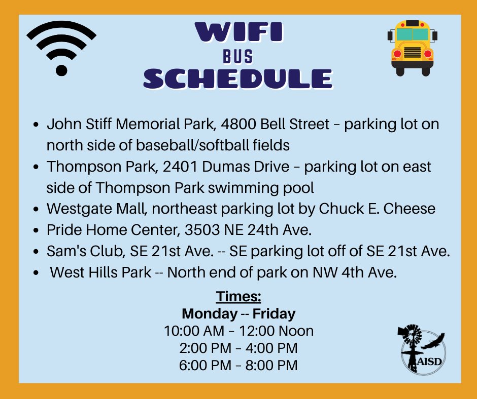 AmarilloISD's tweet photo. Beginning today, our WiFi-enabled buses for student internet access will no longer park at Bones Hooks Park and Southeast Park. You can find them at two new locations: Sams Club and West Hills Park. https://t.co/0yFcafBquT
