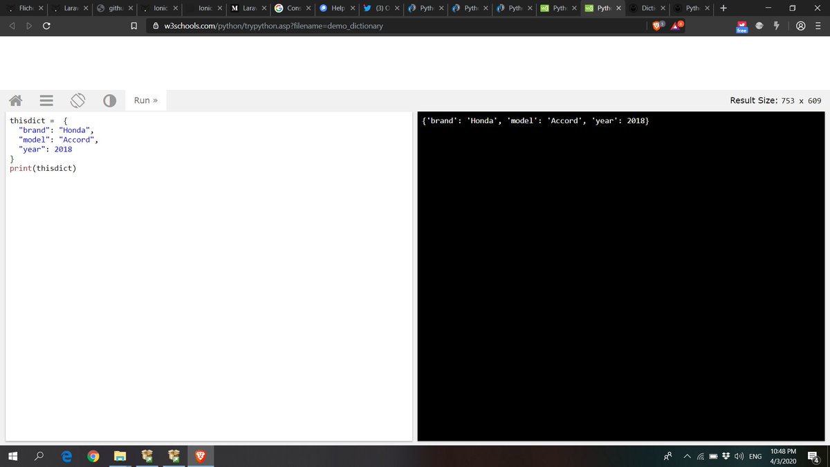 Dictionary Syntax:{ Key : Value }{'brand': 'Honda', 'model': 'Accord', 'year': 2018}a. Creating DictionaryCreating a Python Dictionary is easy as pie. Separate keys from values with a colon(:), and a pair from another by a comma(,). Finally, put it all in curly braces.