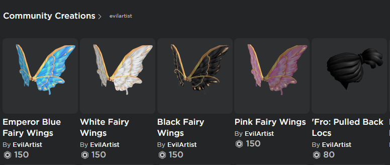 Evilartist On Twitter Made Some Wings Available Yesterday As Well As New Pulled Back Dreads I Hope You All Like Them Robloxugc Link To My Items Https T Co Tda2zzzc2f Https T Co Anoupexdgl - evilartist on twitter as a clothing designer a fashionista or just someone who wants to buy clothes on roblox easier wouldn t you like to see a games page tab for home stores a