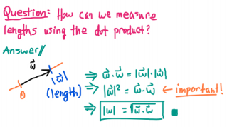 So, we can use the dot product to classify (and measure) angles. In fact, both types of measurements in geometry (lengths and angles) can be determined from the dot product! This is useful in all kinds of applied problems.How could we measure lengths using the dot product? 5/