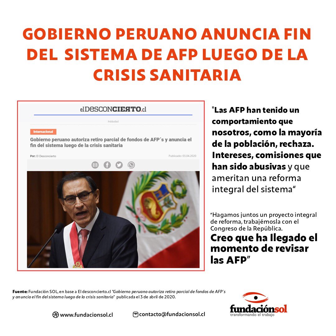 Para proteger a trabajadores y pensionados, Gobierno peruano anuncia fin del Sistema de AFP luego de la crisis sanitaria. Ahora es el turno de Chile. La Seguridad Social no puede esperar.