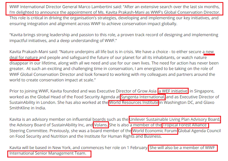 Prakash-Mani will assist in securing the  #NewDealForNature (the monetization of nature). Prior to  #WWF she served  #WEF,  #Syngenta,  #WRI, & Glaxo. She serves on the advisory board of  #Volans & is a member of the WEF Tropical Forest All. steering com. https://www.weforum.org/projects/tfa-2020