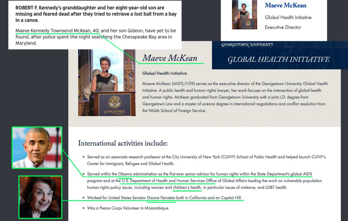The Kennedy that "drowned" today, Maeve McKean seems to have some legitimate ties to the Deep State.-Obama State Department, Aids Program.-Worked for Dianne Feinstein both in California and on Capitol Hill.-Tied to WHO and PAHO thru various subcommittee activity. #QAnon