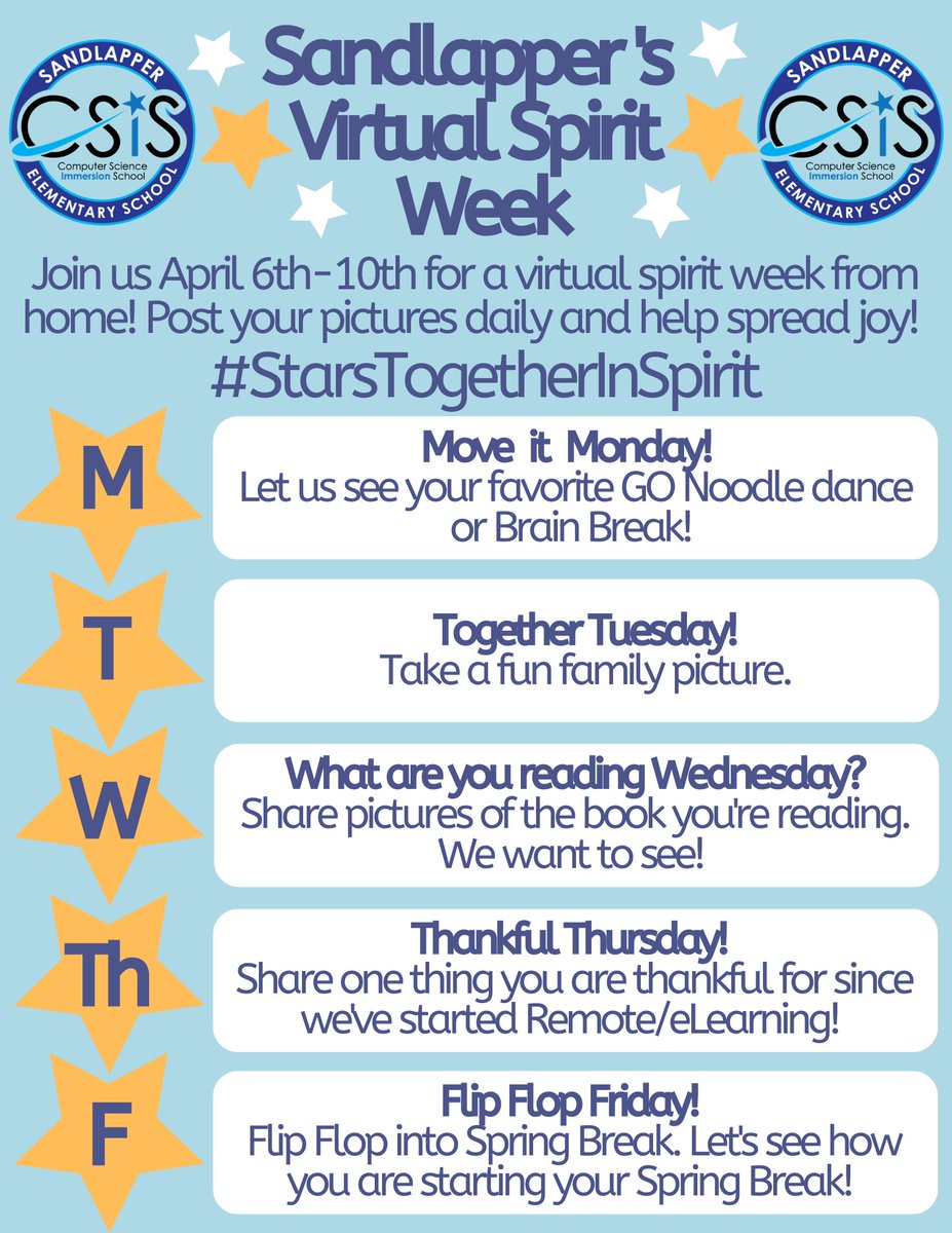 SEstarsR2's tweet photo. Attention #PremierSTARS! Next week is virtual SPIRIT WEEK @SEstarsR2! Although we can't be together in person, we can be together in showing our school spirit! Join us each day as we celebrate being a Shining Star from where we are! #StarsTogetherInSpirit https://t.co/We7MEa4XmV