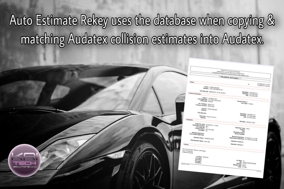 KriTechSoftware's tweet image. Auto Estimate Rekey uses the database when copying &amp;amp; matching Audatex collision estimates into Audatex. Find out more at kritech.net or call (949)922-0018