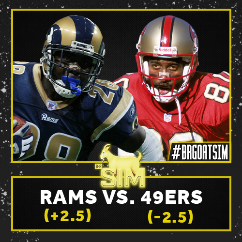 BleacherReport's tweet photo. This matchup is loaded with legends 👀

Niners take on the Rams right now in our Madden #BRGoatSim 
@brgridiron 🎮 @br_betting 

https://t.co/veoHrsvc2A https://t.co/e4j3ZbHFUG