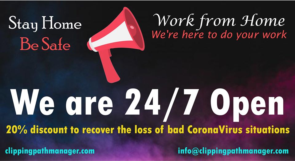 We are 24/7 open to do your work during these bad Corona Virus situations,

We attached our 80+ experts designer team from their home to do your photo post production. 
Get Your Free Trial: clippingpathmanager.com/free-trial/
#StayHome 
#OnlineMarketing 
#CoronavirusPandemic 
#MoneyHeist4