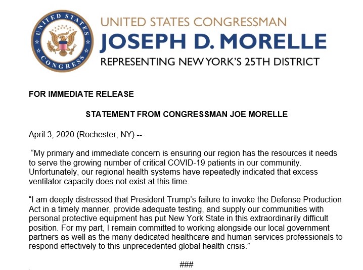 RepJoeMorelle's tweet photo. My primary and immediate concern is ensuring our region has the resources it needs to serve the critical #COVID19 patients in our community. Unfortunately, our regional health systems have repeatedly indicated that excess ventilator capacity does not exist. 

My full statement: https://t.co/JRz2Y8mfZV