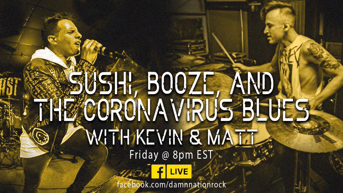 TONIGHT @ 8PM EST Join Matt &amp; Kevin on FB LIVE for “SUSHI, BOOZE, &amp; CORONAVIRUS BLUES” if you’re bored at home (cause we know you are) spend your time with us as we once again look to be your escape! 
So grab a drink, 
STAY INSIDE and 
Be Our Guests. 

#WEAREALLDAMNED