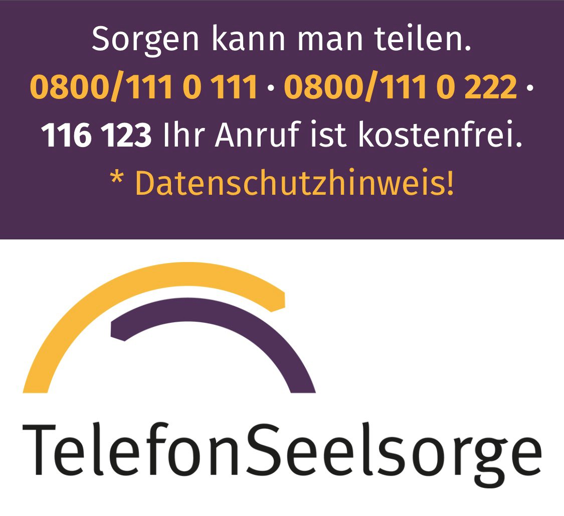 Wenn dir was auf der Seele brennt ... trau dich ruhig da anzurufen. 

24 Stunden an 365 Tagen im Jahr für alle
Die TelefonSeelsorge ist für jeden da, für alte und junge Menschen, Berufstätige, Hausfrauen, Auszubildende oder Rentner, für Menschen jeder Glaubensgemeinschaft