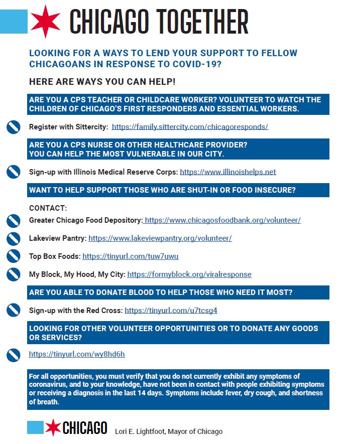 ward32chicago's tweet photo. Looking for a way to help your neighbors? Here's a shortlist of ways to help. #ChicagoTogether https://t.co/OYseRLy8IU