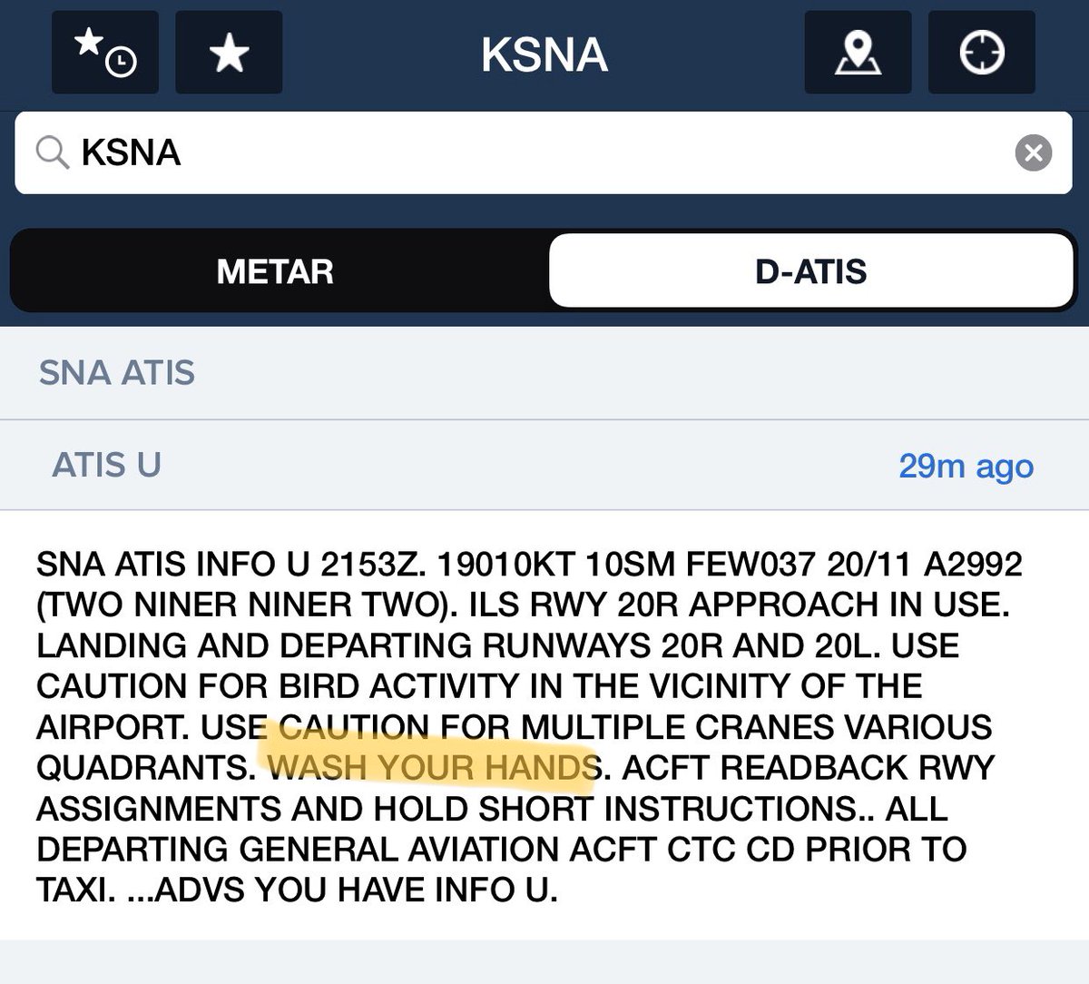 _Martin_Pauly's tweet image. Actual ATIS at Orange County airport right now:
#atis #aviation #COVIDー19