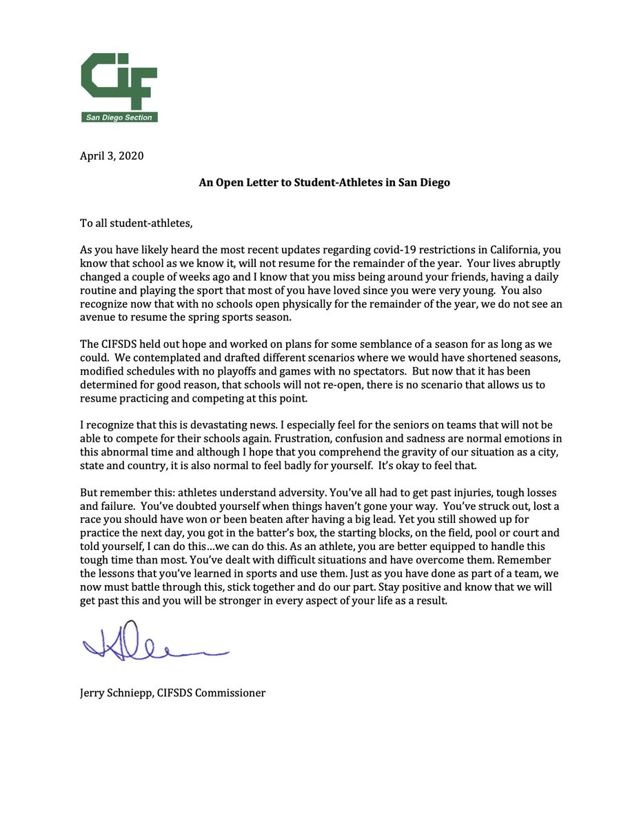 Open Letter from Commissioner Jerry Schniepp to student-athletes <a href="/KUSISports/">KUSI Sports</a> <a href="/973TheFanSD/">97.3 The Fan</a> <a href="/sdutSports/">San Diego U-T Sports</a> <a href="/SDPrepInsider/">SD Prep Insider</a>