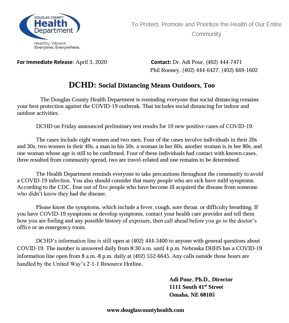 .<a href="/HealthDouglasCo/">Douglas County Health Department</a> announce ten new confirmed #COVID19 cases.  There are now 129 confirmed cases in Douglas County.  Officials continue to plea for people to take social distancing seriously even outside.
#Coronaha | #NECOVID19