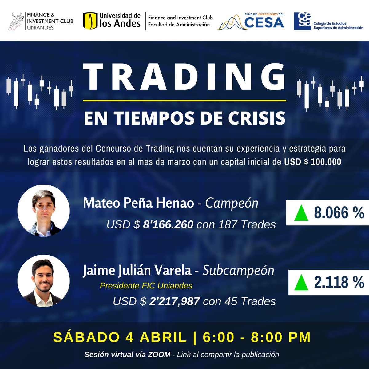 ficuniandes's tweet photo. #TRADING en tiempo de crisis

Nuestro Presidente @JaimeVarelaMC estará el sábado junto a Mateo Peña, ganador del Concurso de Trading del CESA Investment Club detallando la experiencia y estrategias que se utilizaron para lograr rentabilidades de cuatro dígitos

¡RT para el link! https://t.co/GkzgKwL40e