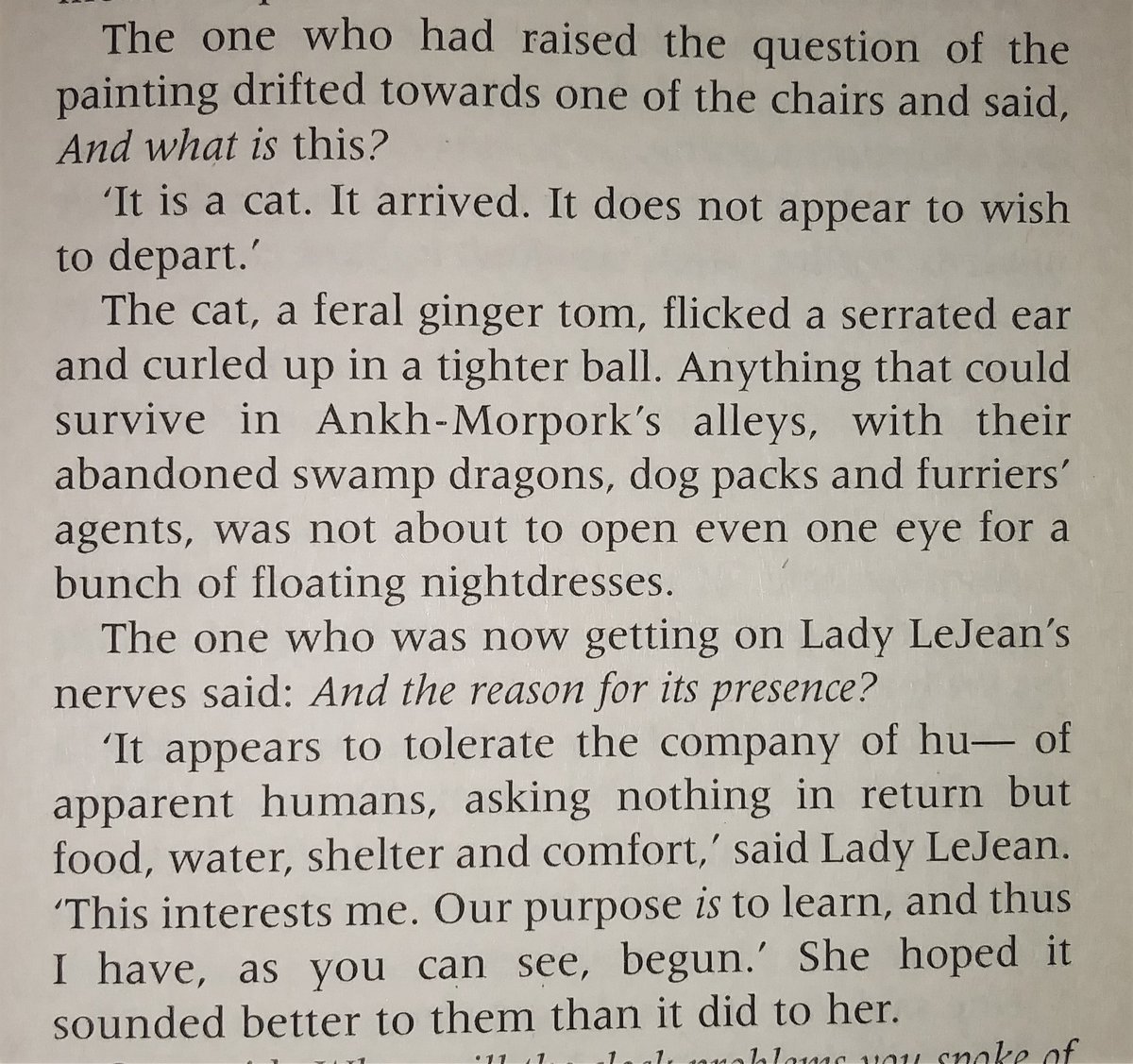 ...Lady LeJean does the opposite. Her journey starts in conformity and extreme community and leads her to her own uniqueness (plus she gets a cat into the bargain). And, of course, her relationship with Jeremy is a mirror to the one between Susan & Lobsang. #ThiefOfTime  #OokClub