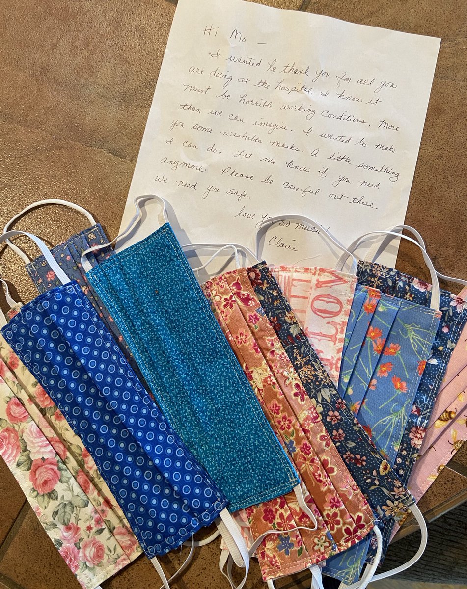 One of my mom’s friends just sent her homemade masks to thank her for working in the ER and my heart is just so full rn 😩😩💕
