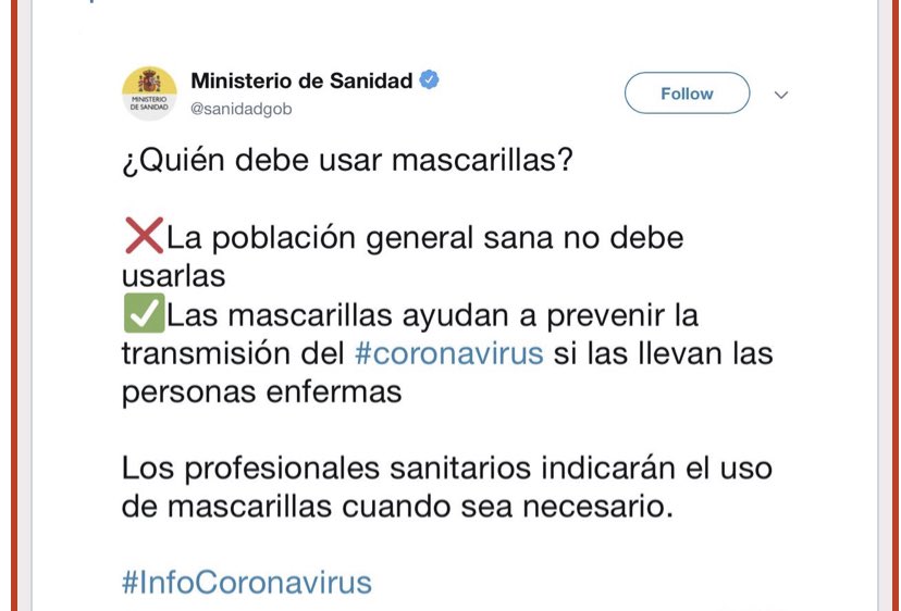El Ministerio de Sanidad se retracta y borra el tuit en el que indican que no es necesaria la mascarilla para la población general.

#MilenioLive 
#LaReuniónSecreta 
#COVID2019