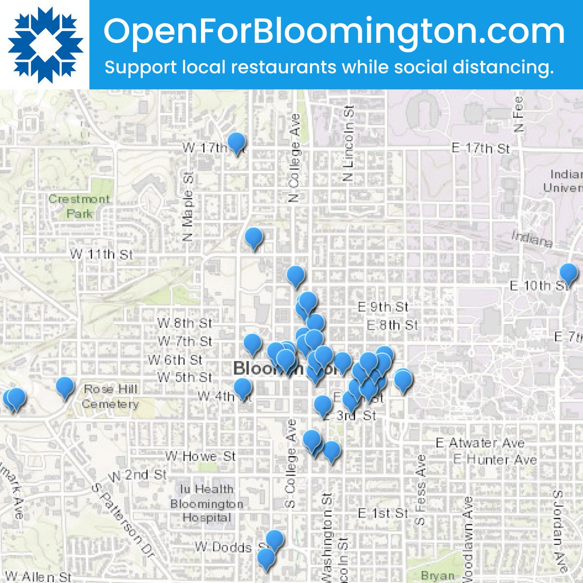 dimension_mill's tweet photo. Head to https://t.co/GdsfEtSNKL for a map of all restaurants currently open in Btown. Please share with others, including restaurant owners to keep it updated. This project is a collaboration with @39DN and @citybloomington. We plan to add more essential businesses soon! https://t.co/OsYY7dDIZy