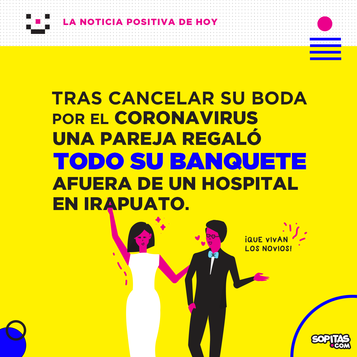 sopitas's tweet photo. #MásHistoriasComoEsta: Andrea y Gustavo tuvieron que cancelar su boda por el #coronavirus

Pero lejos de agüitarse y cancelar el pedido de comida, le llevaron su banquete de boda a familiares de pacientes del Hospital General de Irapuato👏👏👏❤  https://t.co/QOJhOK58Yn https://t.co/flq8IhwlFE