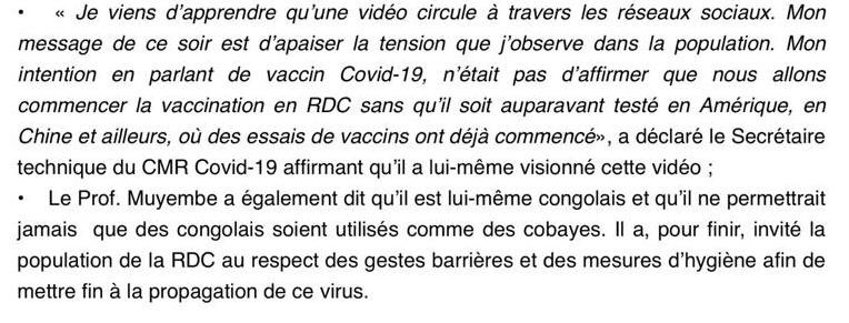 PatrickMuyaya's tweet photo. #RDC : Voici les précisons du docteur @MTamfum qui dit qu’il est lui-même congolais et qu’il ne permettrait pas qu’on nous traite comme des cobayes. Voilà qui doit mettre fin à la polémique. https://t.co/pdLbbgWX6q