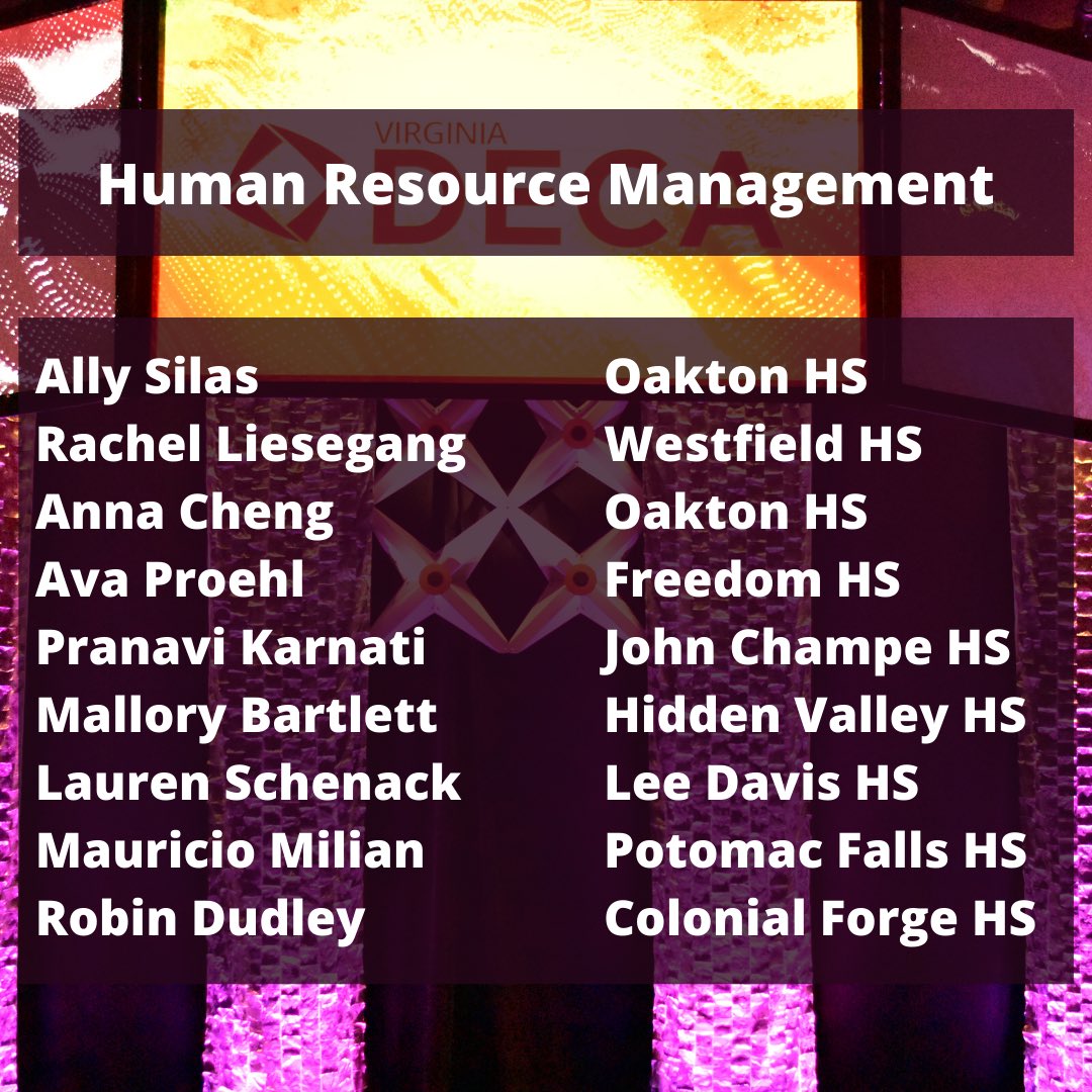 Hey Virginia DECA! We are here to introduce our first Finalist Friday! Although we won’t get to see these awesome competitors represent Virginia in Nashville, we still want to give credit to our amazing finalists! Names are displayed by place! #FinalistFriday