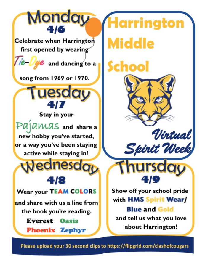 MTLStudentCoun1's tweet photo. Who’s ready for our first ever virtual spirit week?? Show your pride Harrington! #hms #wevegotspirit #clashofthecougars #spiritweek https://t.co/PlWkv94M2i