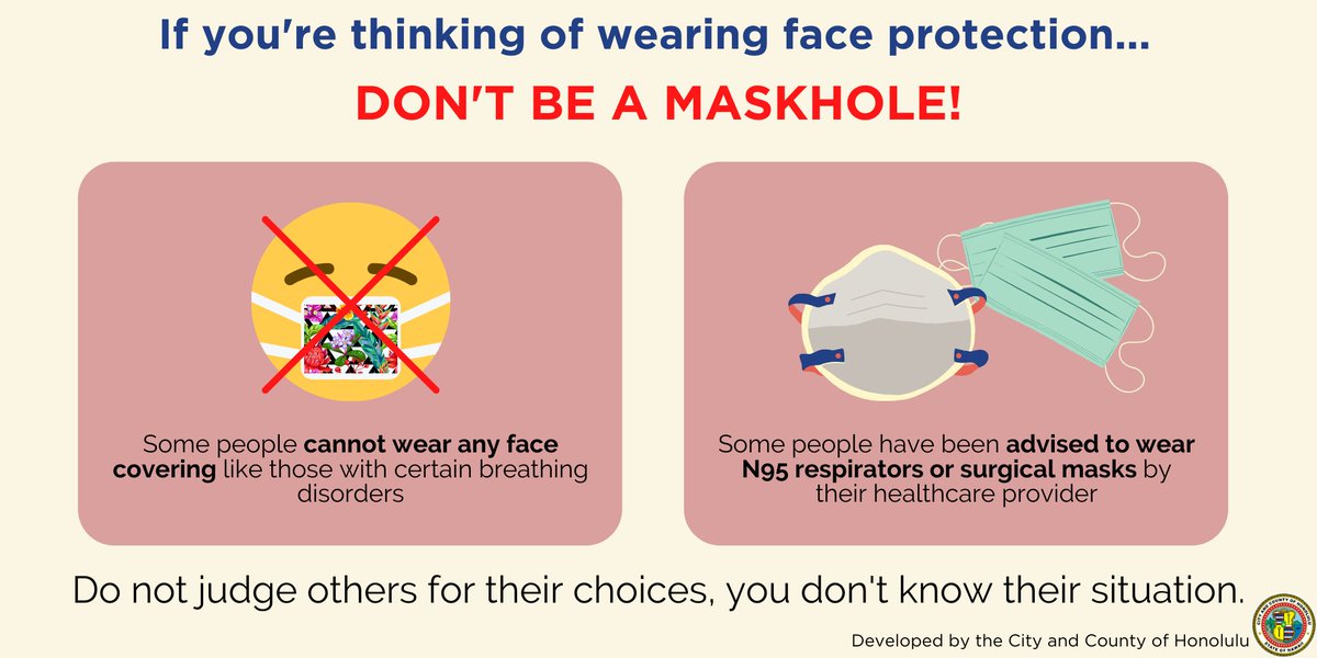 Oahu_DEM's tweet photo. If you choose to wear a mask, make sure you do it right! Here are some things you should know before you mask up! 😷

#SpreadAlohaNotGerms #COVID19 #OneOahu 

@MayorKirkHNL @HonoluluGov @Hawaii_EMA @HIgov_Health https://t.co/x6DDCVssCc