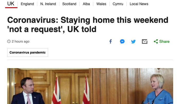 Jeff_Fuge's tweet photo. According to @BBCNews we're all allowed out and about this weekend, as staying at home is 'not a request' being made by the government! (A quick change to "Staying home this weekend 'is an instruction', UK told" would avoid the dangerous ambiguity.) #StayHomeSaveLives https://t.co/IM6RQuP1Fi