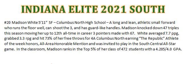 IE2021South's tweet photo. Introducing today’s player profile: #20 Madison White of Columbus North HS. Madison is a long and lean, athletic small forward who can run the floor and knock down the 3. We are so excited to start another season with @MadisonWhite26 @PGHIndiana @coachbeckett @IndianaEliteWBB https://t.co/Cas0tSMwOm