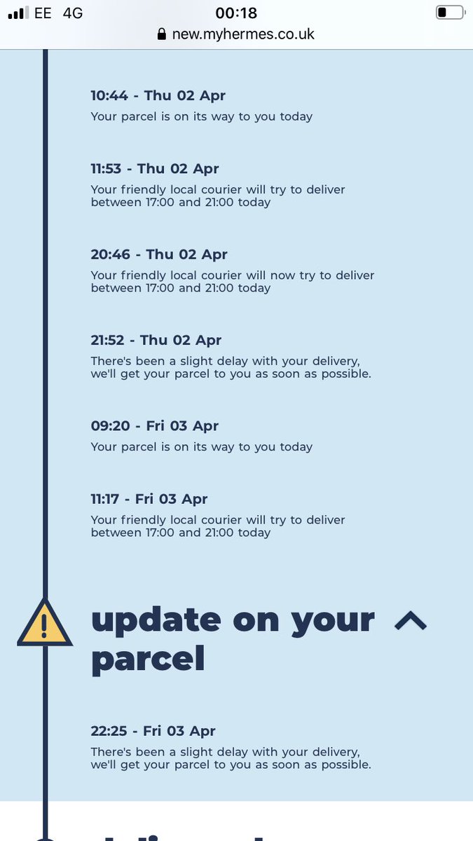 mech8888's tweet photo. @Hermesparcels I’m guessing it’s lost?????? 24hrs is not a ‘slight’ delay https://t.co/tSBXy0WvTf
