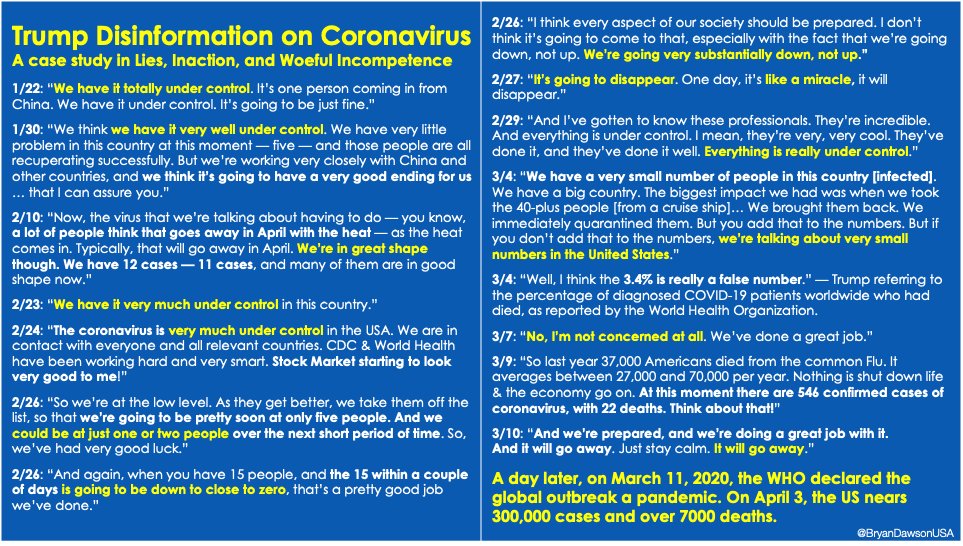 9) 2/26: “I think every aspect of our society should be prepared. I don’t think it’s going to come to that, especially with the fact that we’re going down, not up. WE& #39;RE GOING VERY SUBSTANTIALLY DOWN, NOT UP.”   #coronavirus   #COVID19   #TrumpOwnsEveryDeath