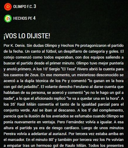 leyendasmvd's tweet photo. En su primer año de competencia, @HechosPeFC venció a un Olimpo que se llevaba a todos por delante. Los verdes dieron vuelta un partido apasionante sobre el final, con un gol inolvidable de Martín Ferulano. 

#LeyendasHistóricas📝
#modoMVD💪🏽 https://t.co/AbCQnrIt4K