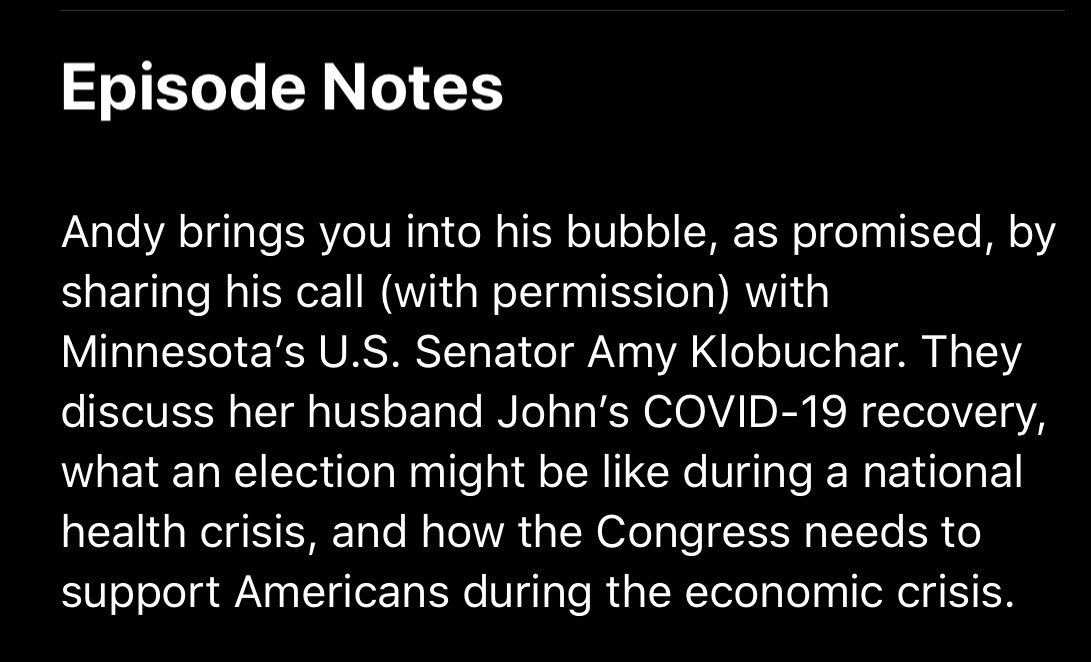 Great talking to  @amyklobuchar about how she handles politics & a time when policy is more important.And as a spouse whose husband is on the mend from COVID-19. Out of the hospital. Very relatable. 2/ https://podcasts.apple.com/us/podcast/in-the-bubble-with-andy-slavitt/id1504128553#episodeGuid=4bacc262-75f4-11ea-aa74-63b4e597de75