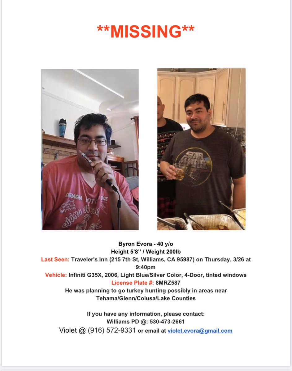 cccabreros's tweet photo. @KylaGrogan @KTVU Hi! I am trying to help galvanize support for a missing fam friend, Byron Evora; He’s been missing for a week I’m NorCal, when he was supposed to go hunting. We’re organizing search parties tmrw. Can you help spread the word w/media support? #ktvu2 https://t.co/4aKIMOVhaL