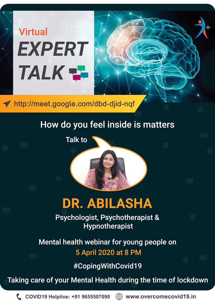 MDSShiva's tweet photo. TALK 🗣️🎙️to Dr. #Abilasha, Psychologist.
-------------------------------
Take care of your #Mental_Health during #Lockdown. #Webinar on Mental Health for Young People on #CopingWithCOVID19
🗓️ Date: 05/04/2020 | 🕗 Time: 8 PM
🌐 Join Here: https://t.co/n437rIuiNW
#COVID2019 https://t.co/58aqaYace8