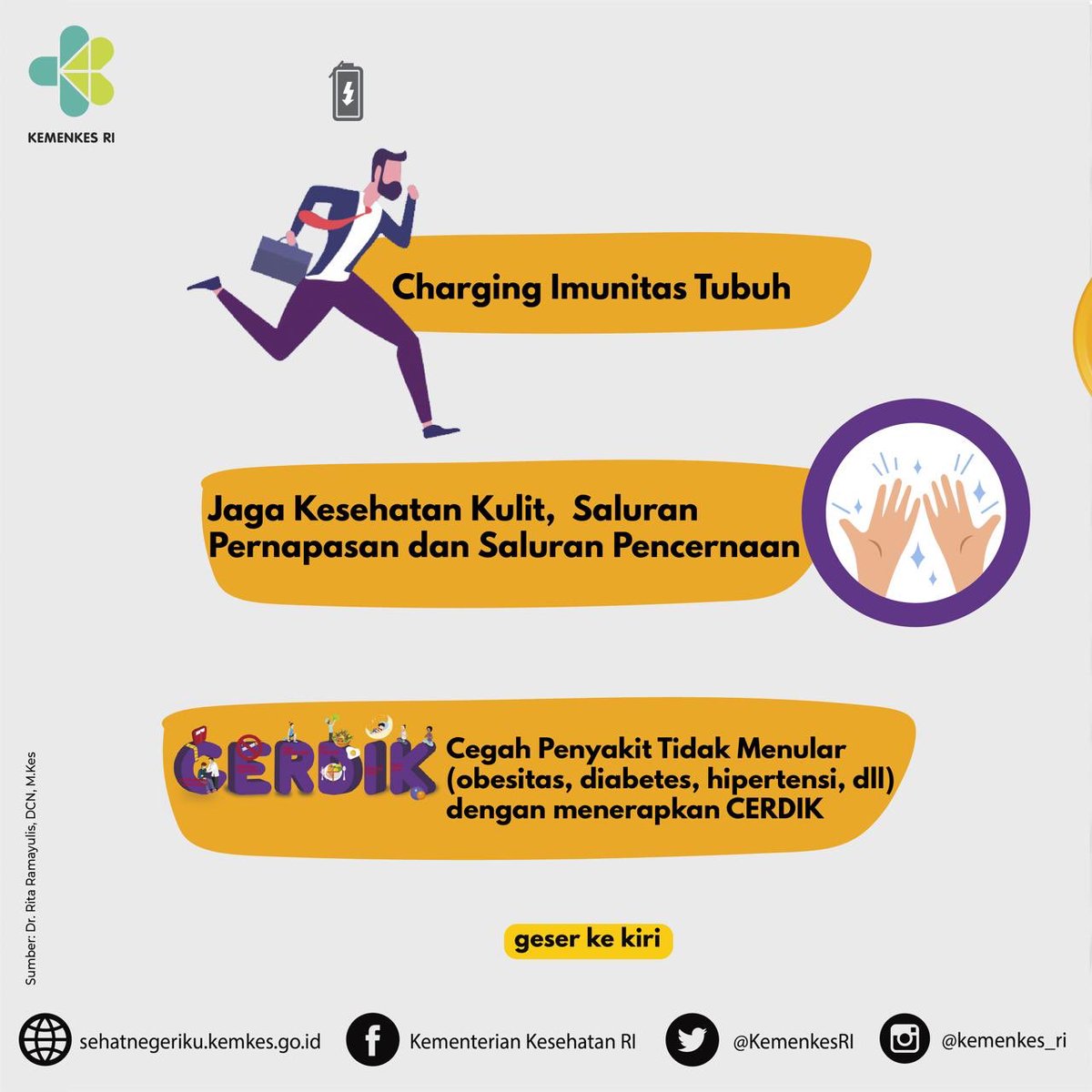 KemenkesRI's tweet photo. Penularan #COVID19 bisa dicegah dengan kondisi tubuh yang sehat dan imunitas yang baik. 

Caranya gimana? Selalu charging imunitas tubuhmu dengan membudayakan pola hidup bersih dan sehat. Jadi jangan sampai lowbat ya 💪

Salam sehat!

#dirumahaja 
#DukungGermas 
#LawanCovid19 https://t.co/SlLHqn0Ux2