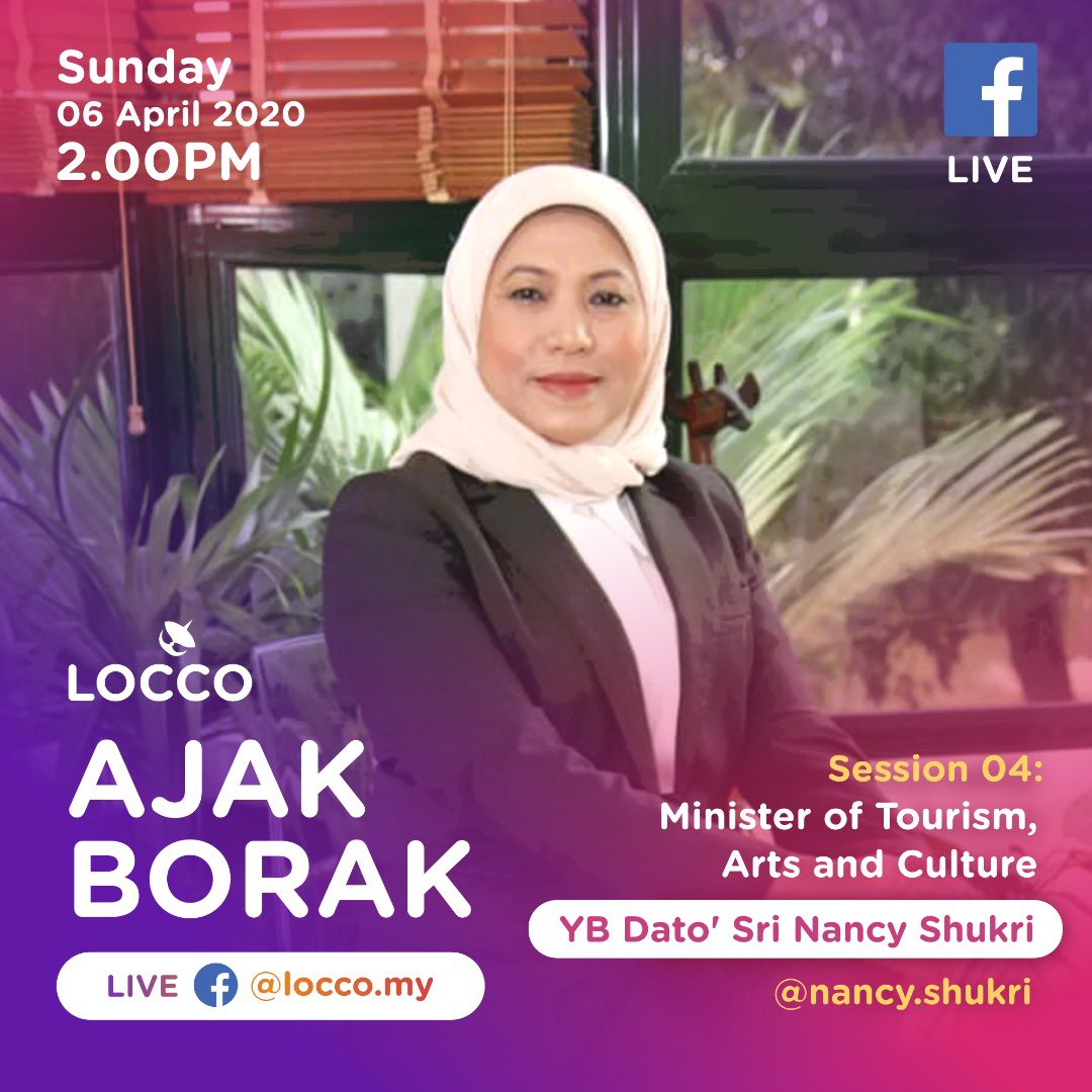 locco_my's tweet photo. Whilst everyone is adapting to the RMO, letβs hear a new perspective, that of a policy maker. β
β
π§π»YB Datoβ Sri Nancy , Minister of Tourism, Arts and Culture will be joining us tomorrow
β
β€οΈJoin us at tomorrow (Sunday) at 2pm on Locco Malaysia Facebook live.β https://t.co/COHb6OKxhN